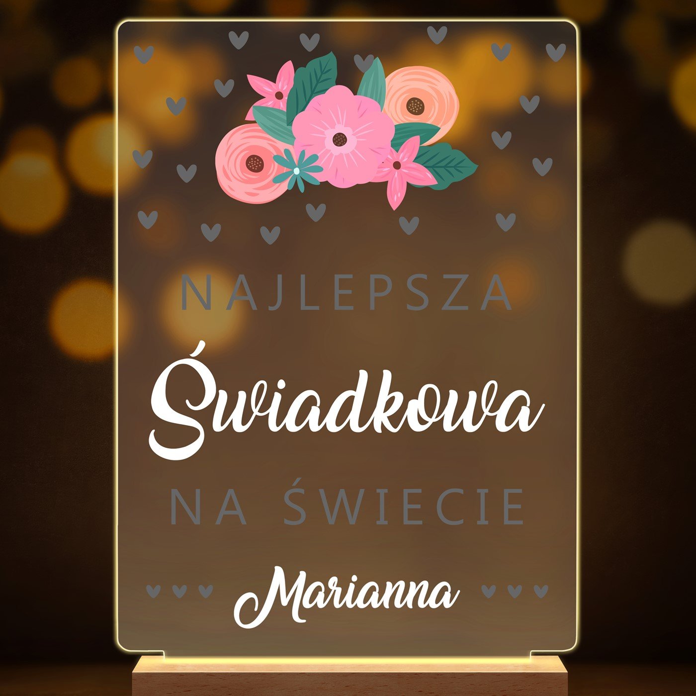 Lampka ramka XL z wydrukiem na szkle akrylowym i podświetleniem LED dla świadkowej jako podziękowanie ślubne
