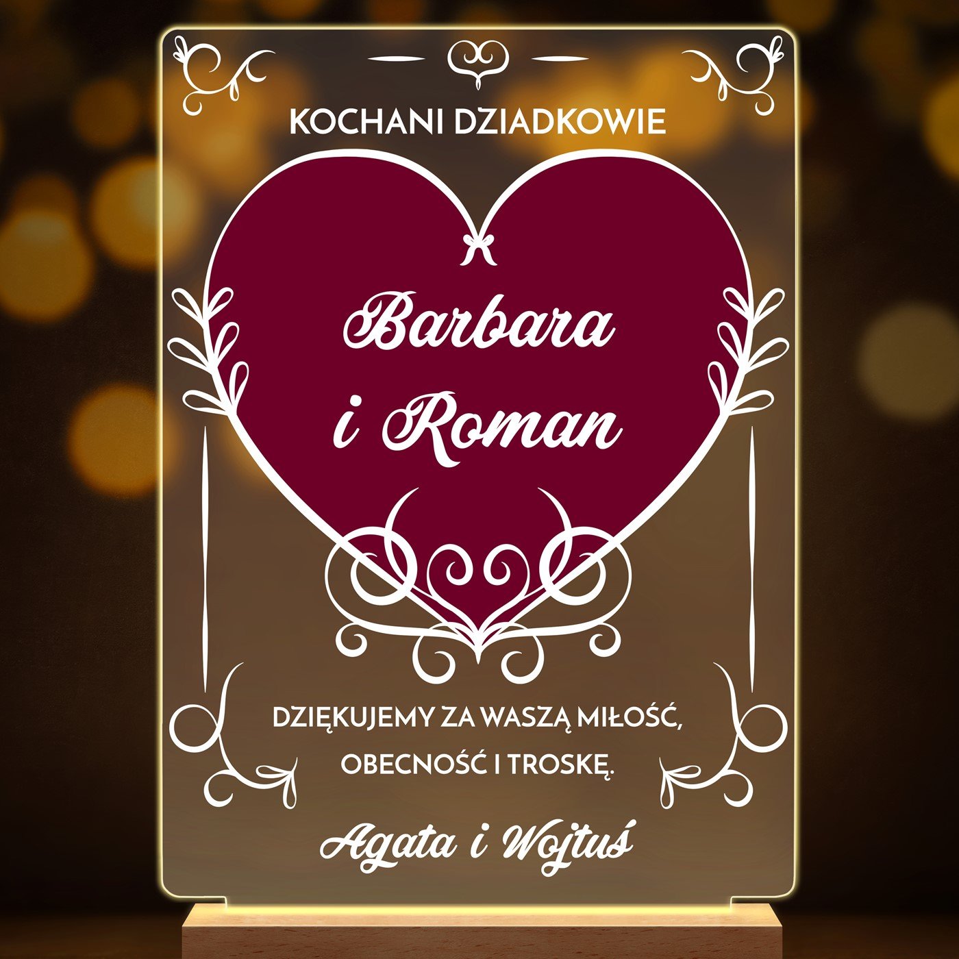 Lampka ramka XL z wydrukiem na szkle akrylowym i podświetleniem LED dla dziadków jako podziękowanie ślubne