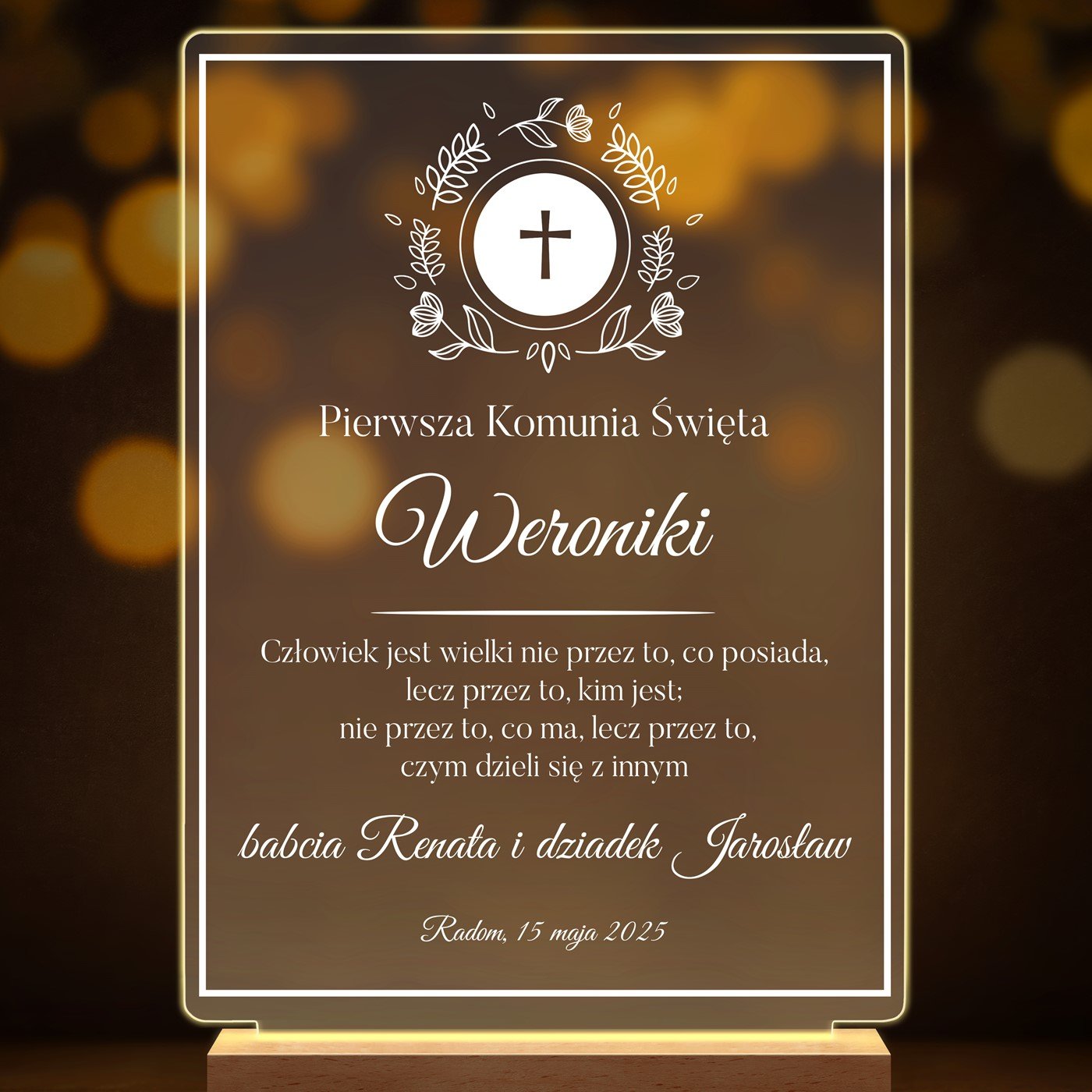 Lampka ramka XL z wydrukiem na szkle akrylowym i podświetleniem LED dla dziewczynki na komunię