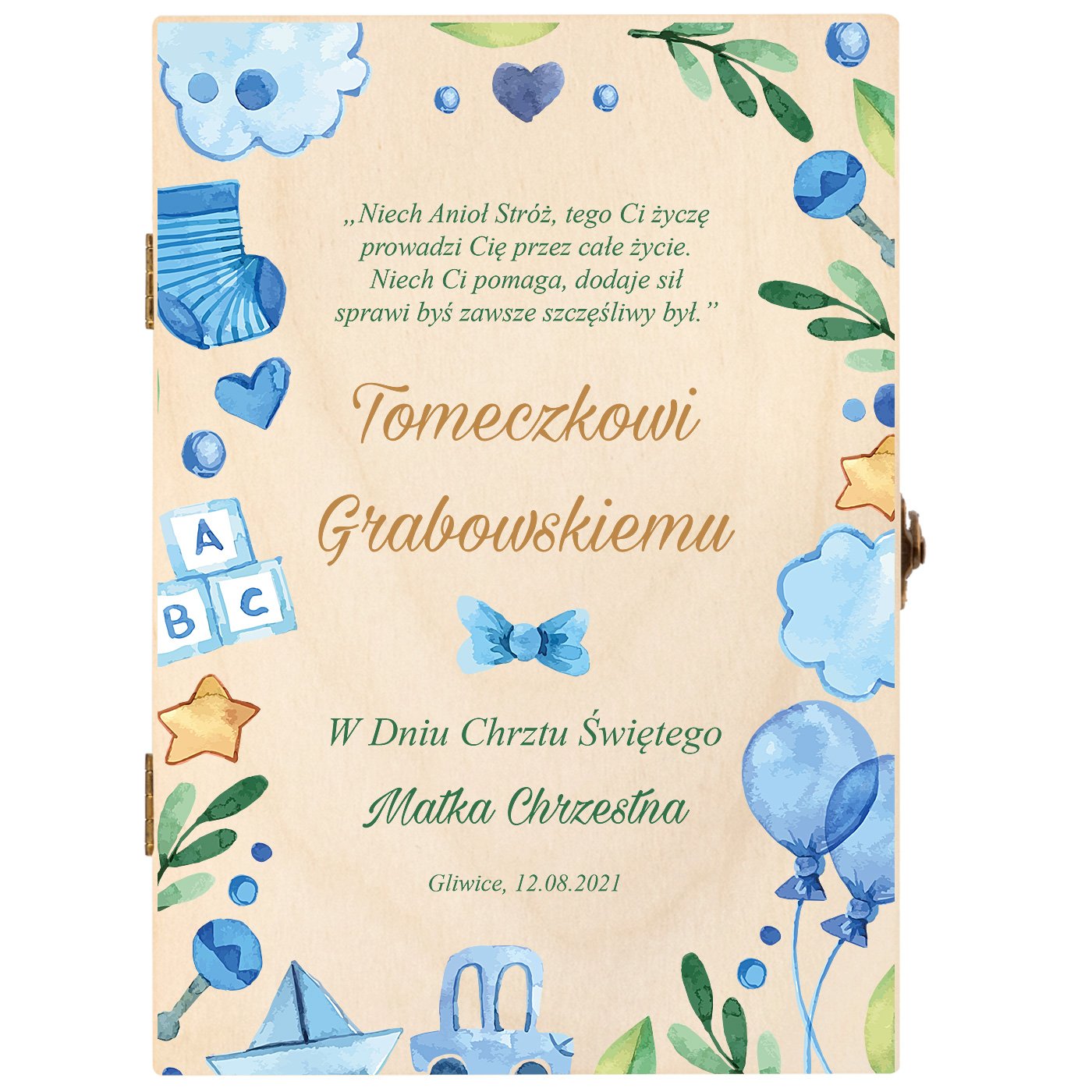 Sztućce dla dzieci zestaw w drewnianym etui z nadrukiem dla chłopca na chrzest
