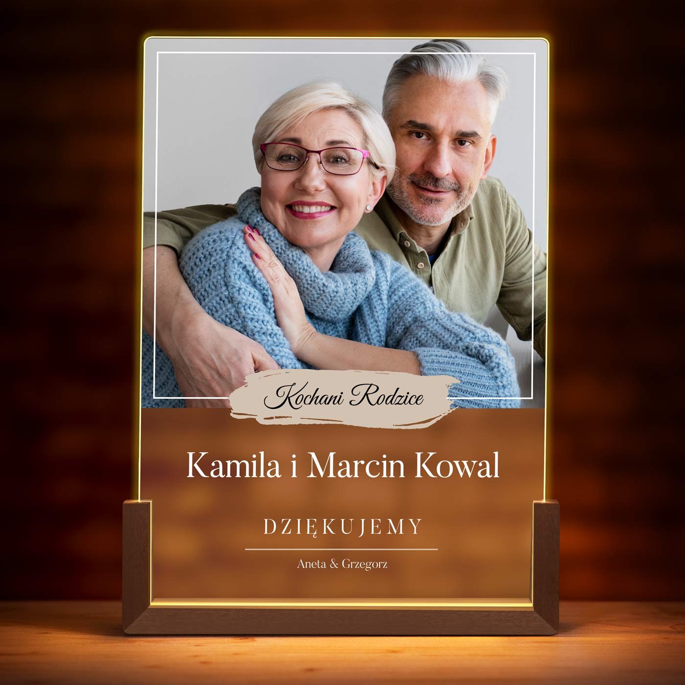 Lampka LED XL z nadrukiem na szkle akrylowym dla rodziców jako podziękowanie ślubne