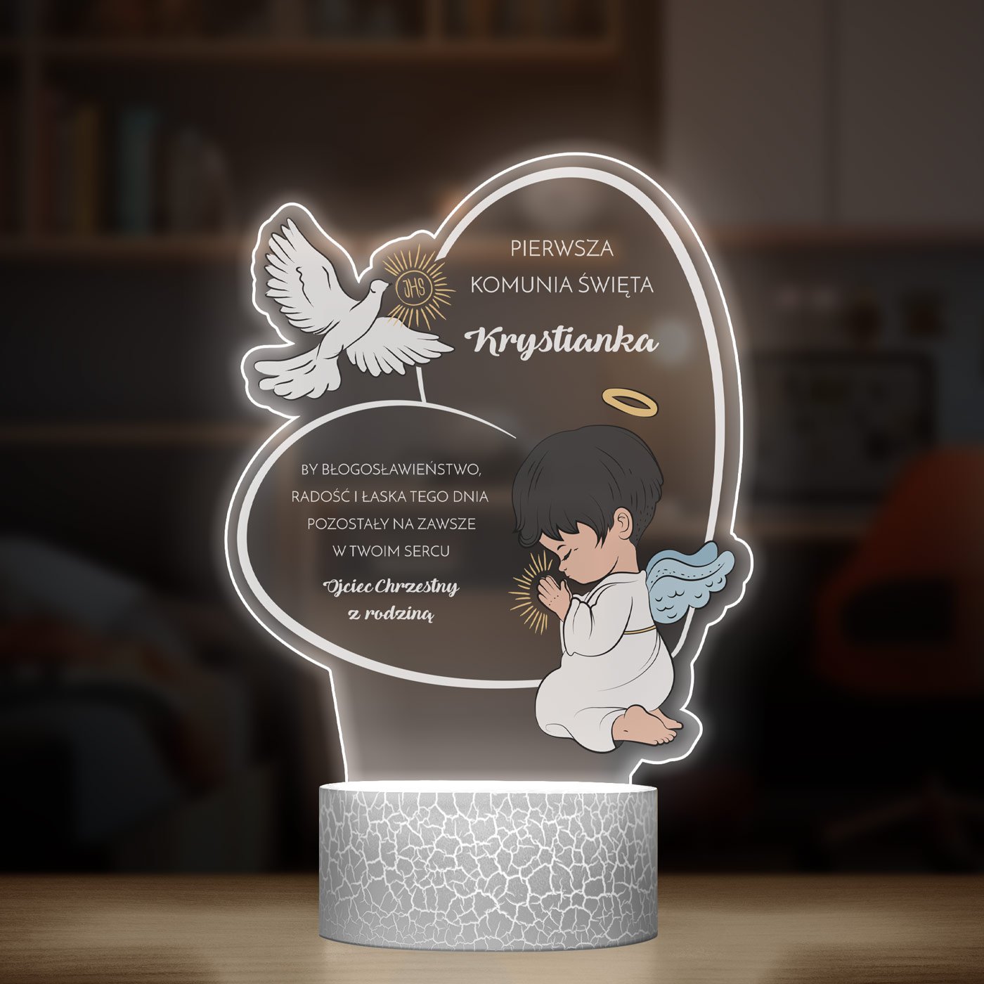 Lampka LED L z nadrukiem na szkle akrylowym dla chłopca na komunię