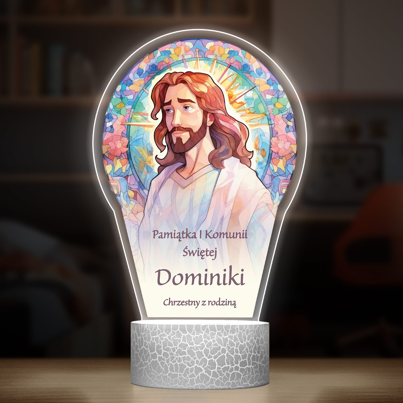 Lampka LED L z nadrukiem na szkle akrylowym dla dziewczynki na komunię
