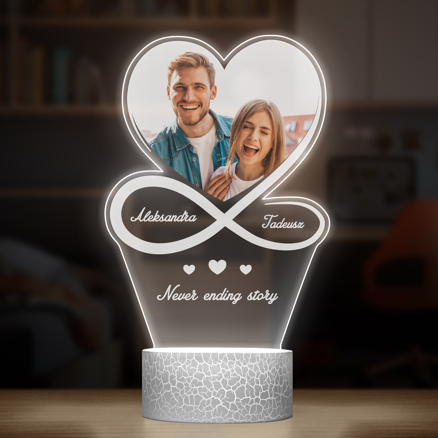 Lampka LED L 3D ze zdjęciem na szkle akrylowym dla pary na ślub rocznicę