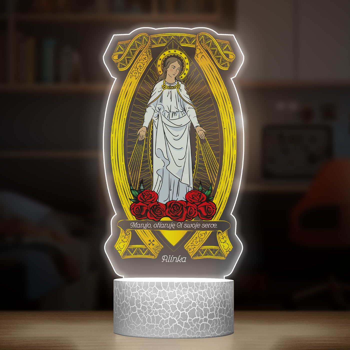 Lampka LED L 3D z nadrukiem na szkle akrylowym dla dziewczynki zakonnicy na chrzest komunię bierzmowanie imieniny