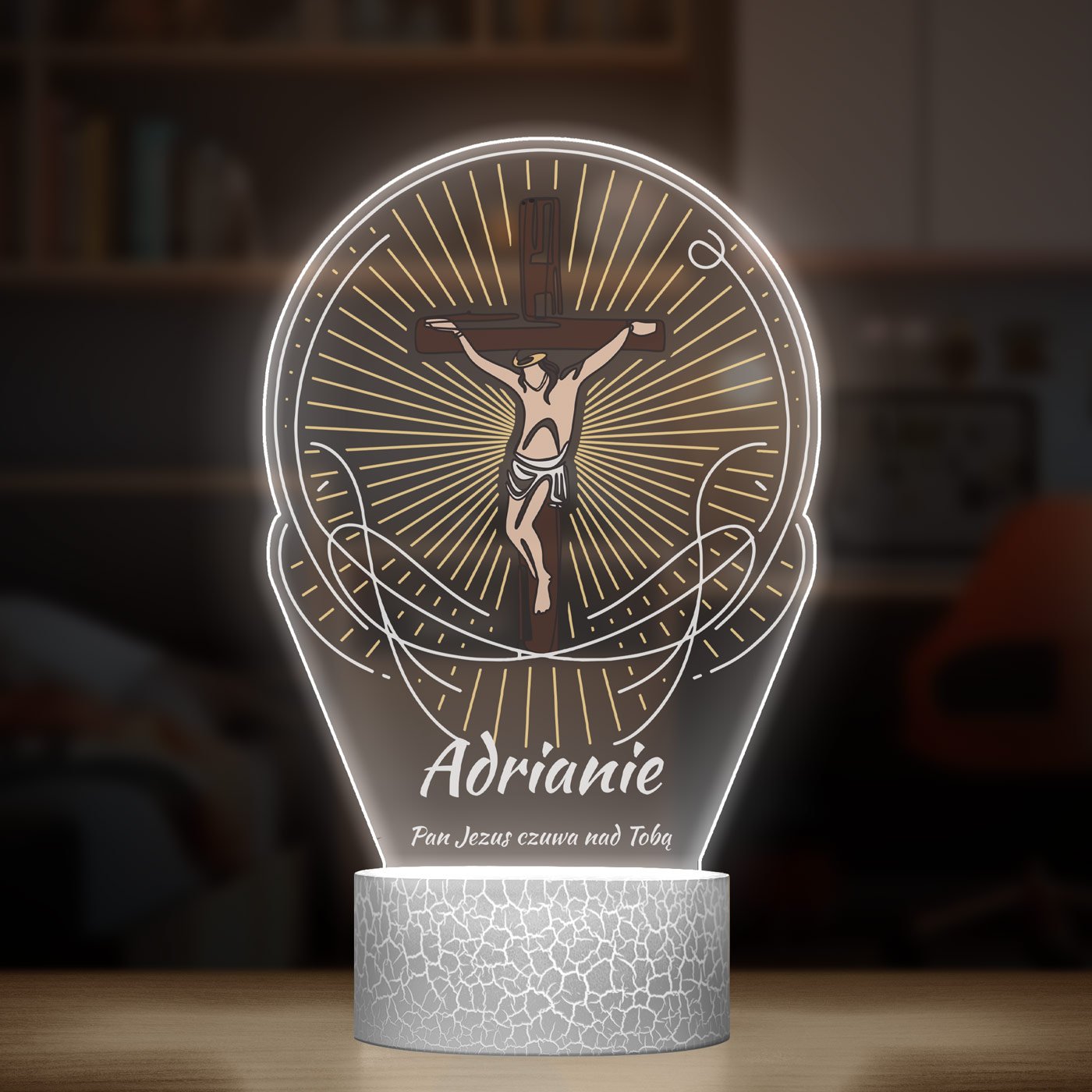 Lampka LED L 3D z nadrukiem na szkle akrylowym dla niego księdza chłopca na chrzest komunię