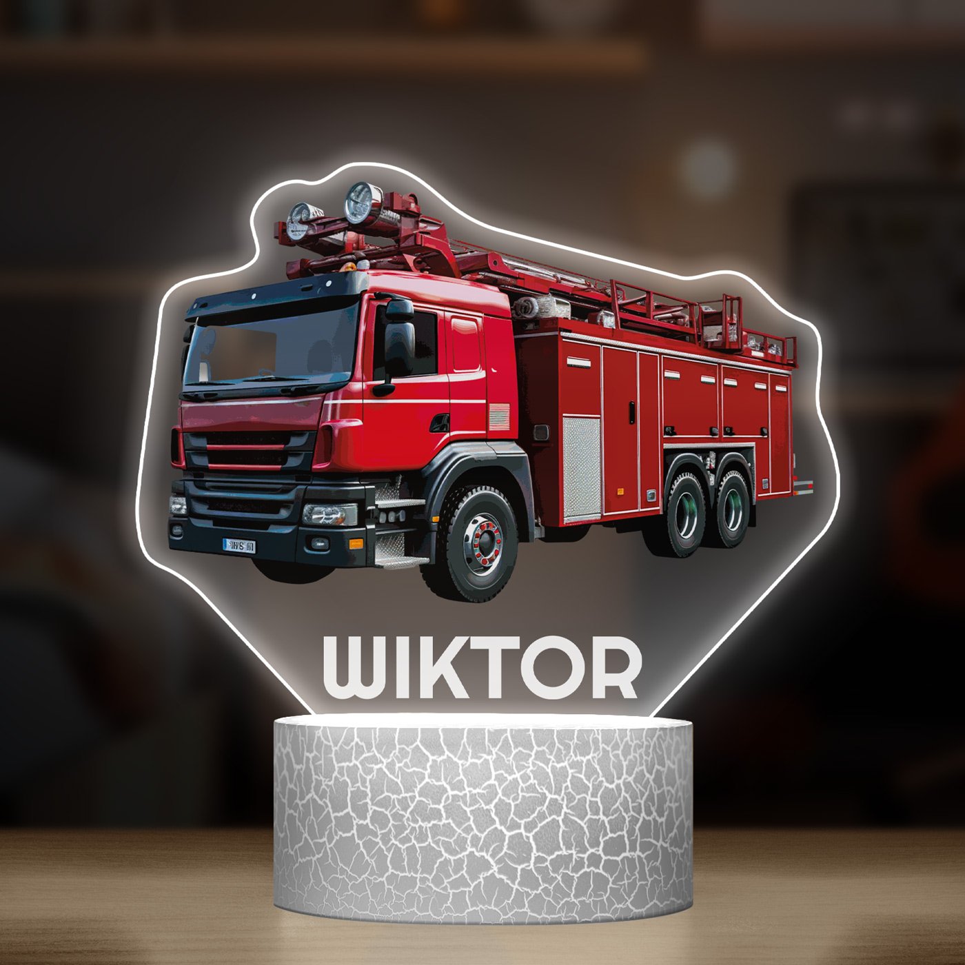 Lampka LED L 3D z nadrukiem na szkle akrylowym dla strażaka chłopca na imieniny