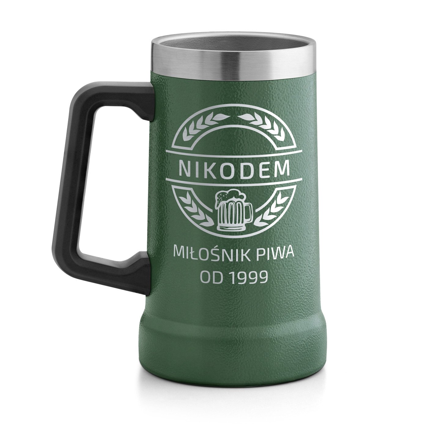 Zielony kubek termiczny kufel z grawerem dla piwosza na urodziny