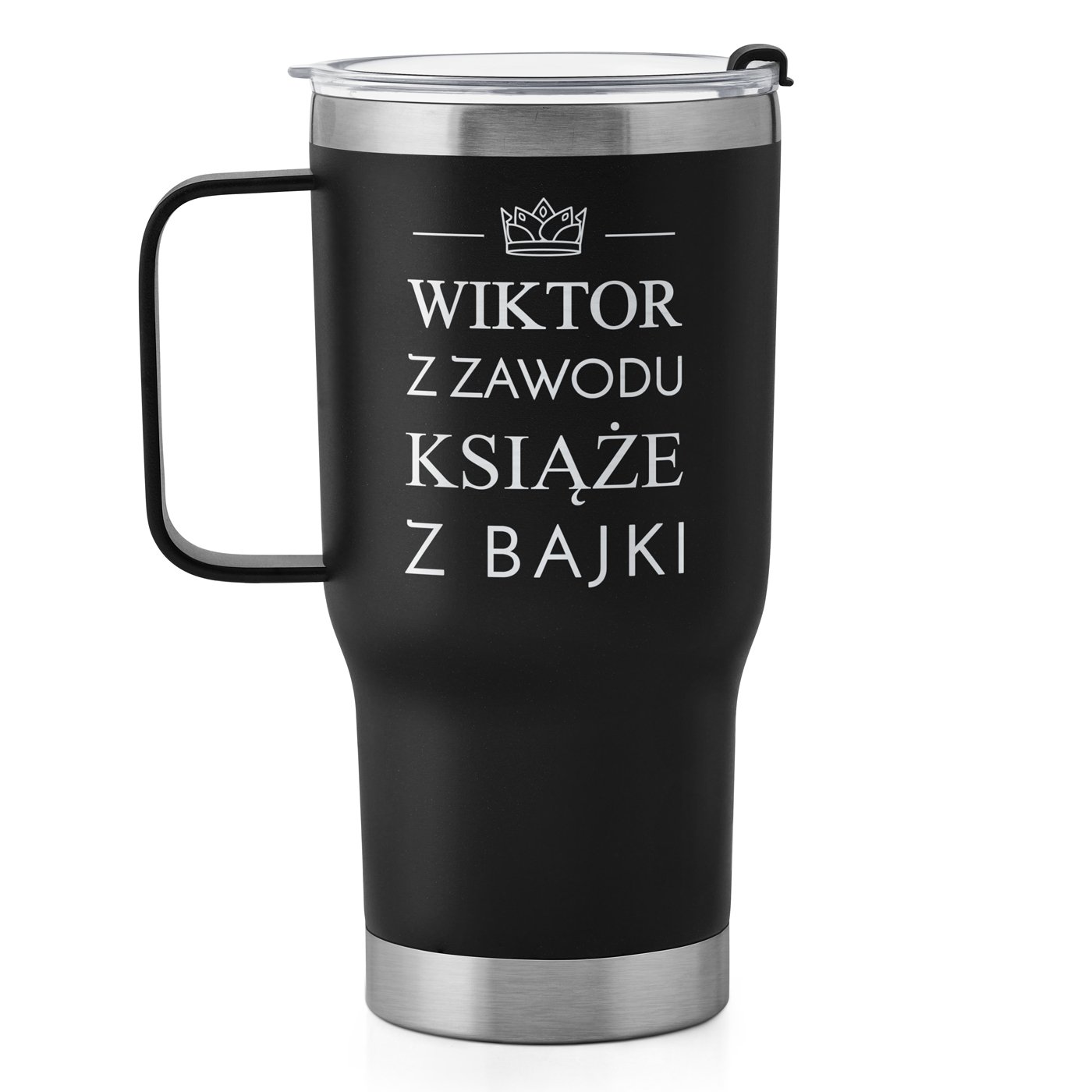 Czarny kubek termiczny z uchem i własnym grawerem dla niego na imieniny