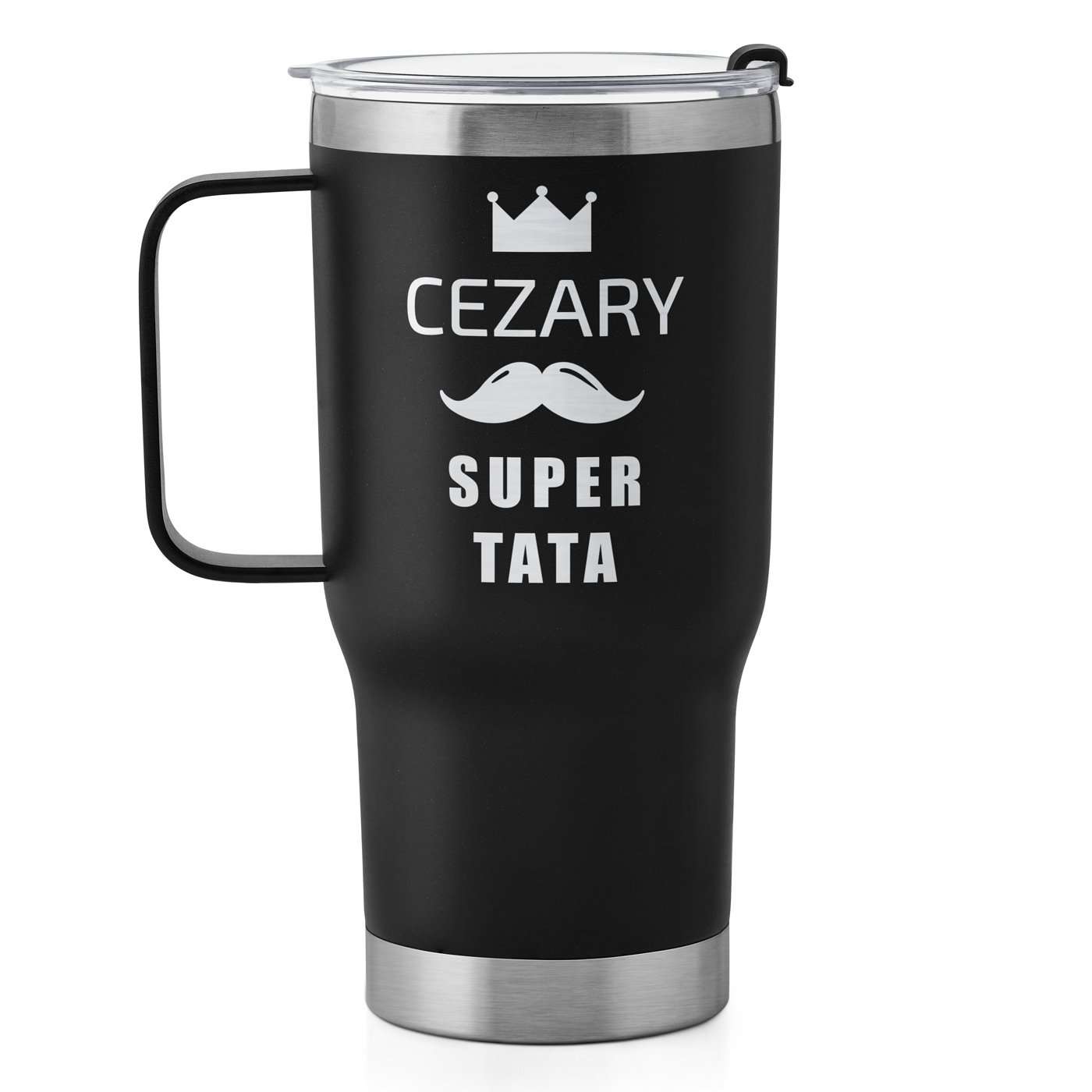 Czarny kubek termiczny z uchem i własnym grawerem dla taty