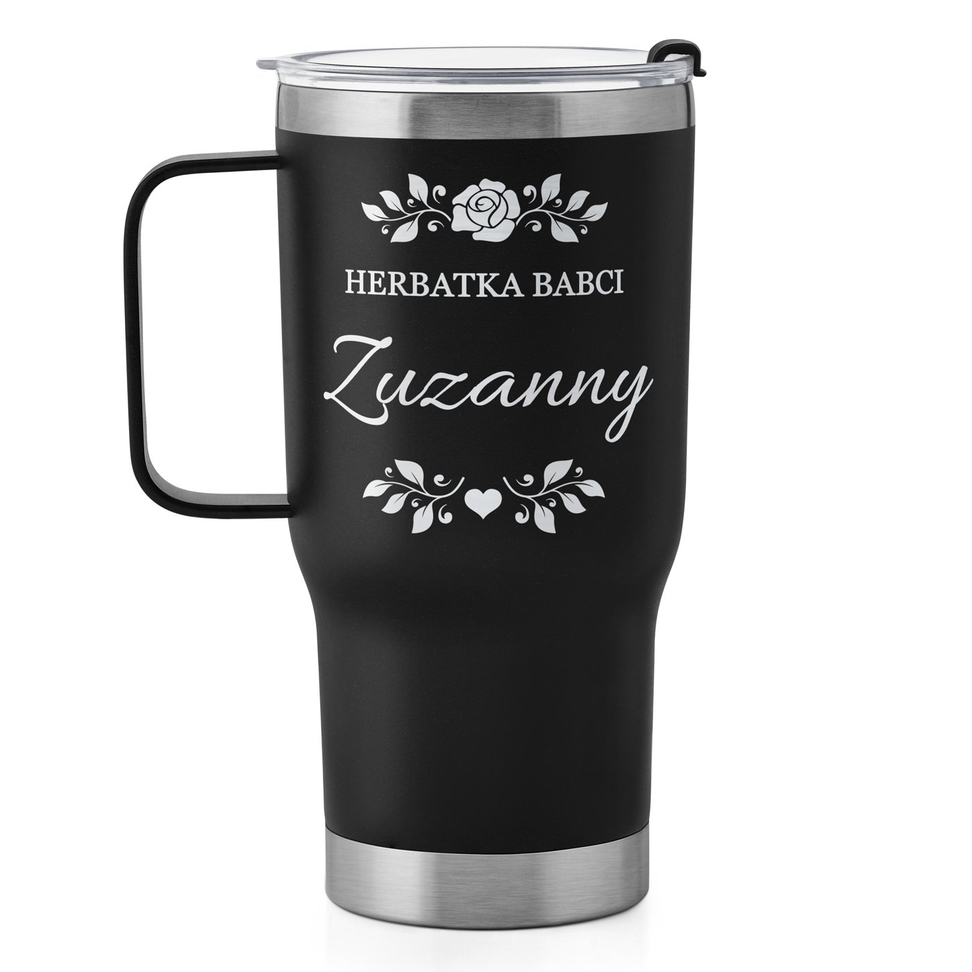 Czarny kubek termiczny z uchem i własnym grawerem dla babci