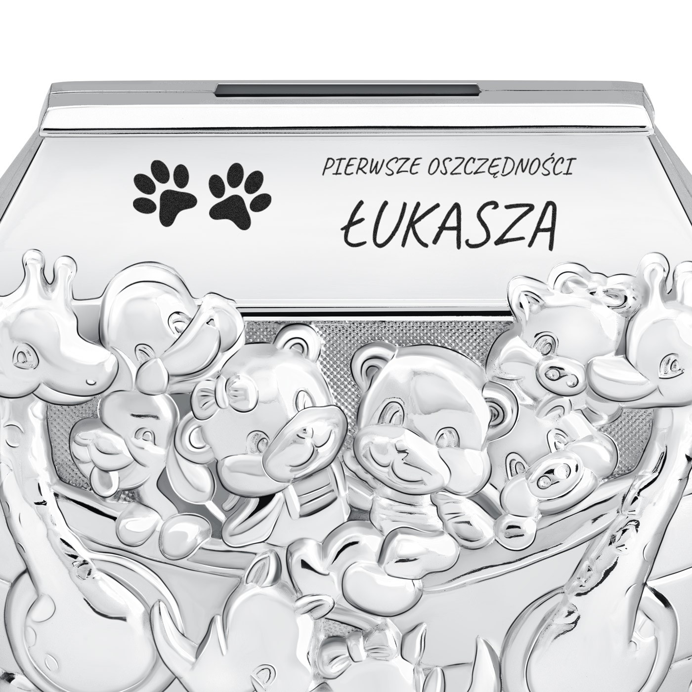 Skarbonka posrebrzana arka Noego z grawerem dla chłopca