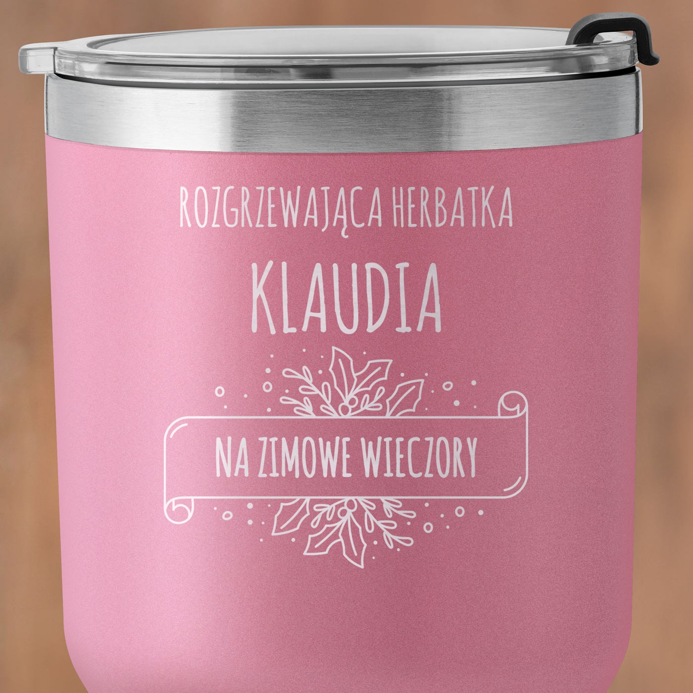 Różowy kubek termiczny z własnym grawerem dla niej na święta