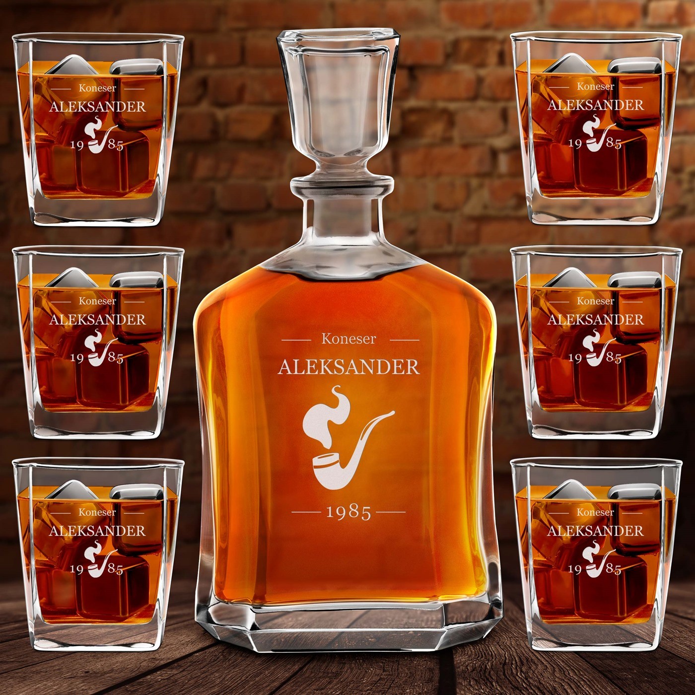 Karafka z 6 szklankami zestaw z grawerem dla konesera whisky na urodziny