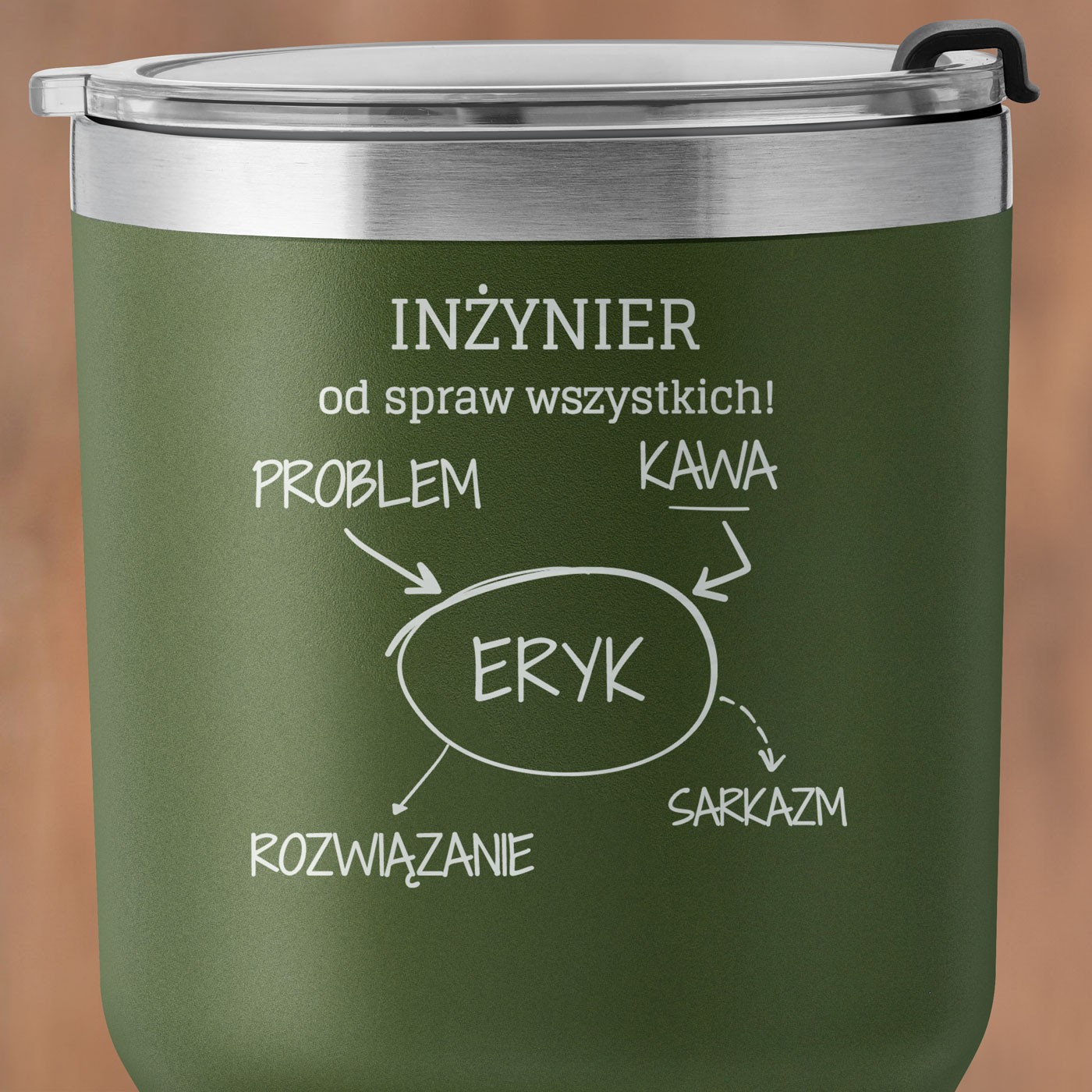 Zielony kubek termiczny z własnym grawerem dla inżyniera