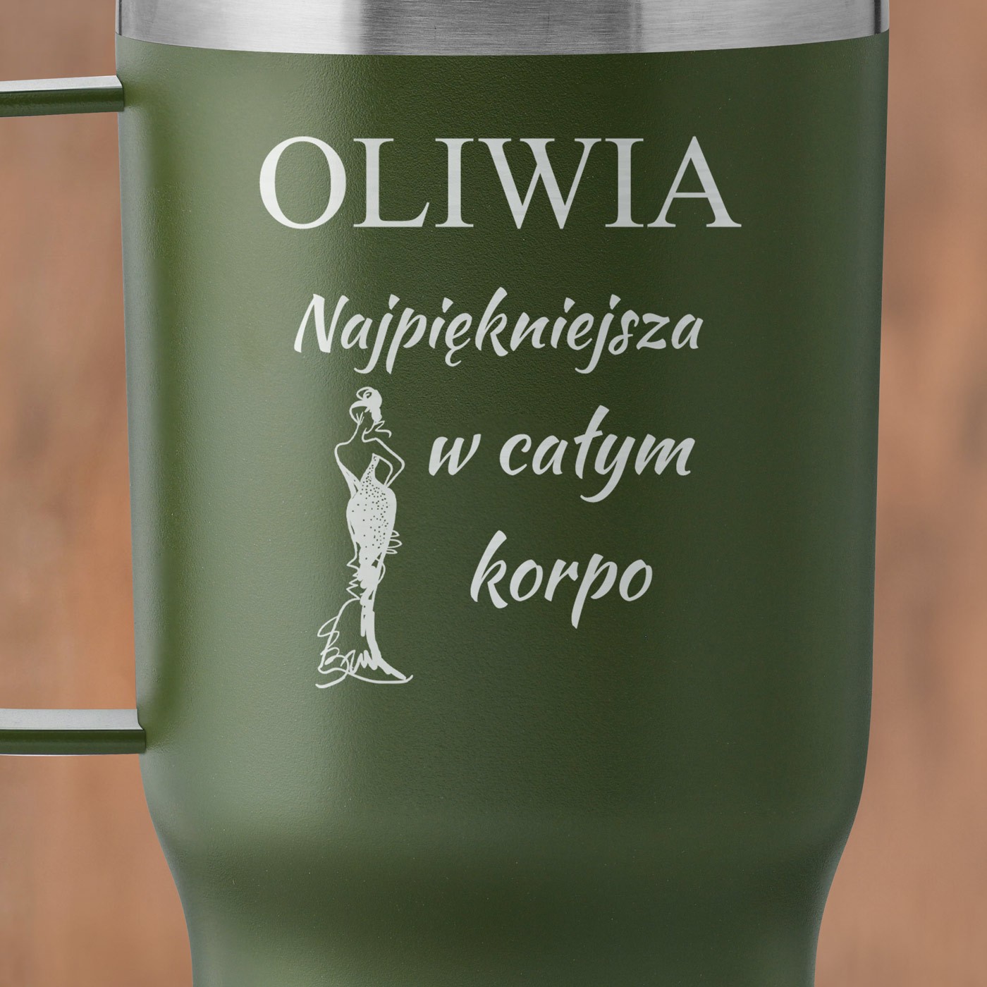 Zielony kubek termiczny z uchem i własnym grawerem dla niej na imieniny