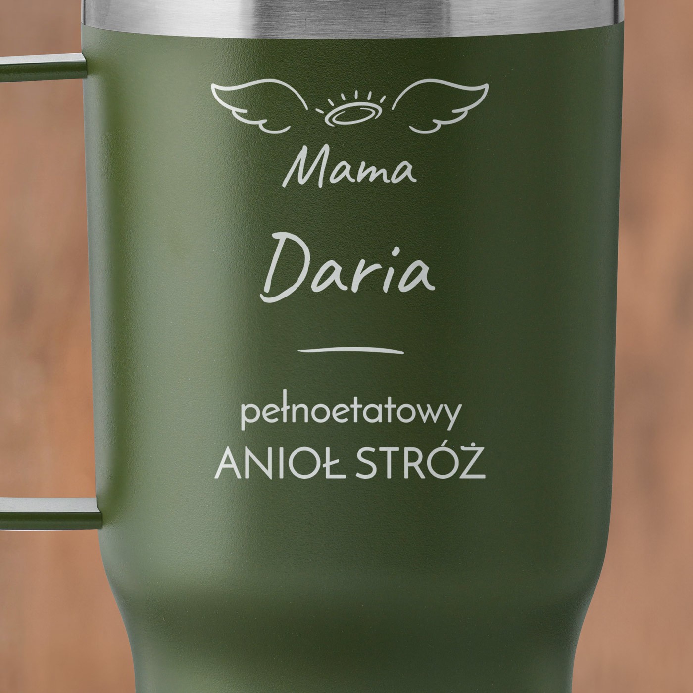 Zielony kubek termiczny z uchem i własnym grawerem dla mamy