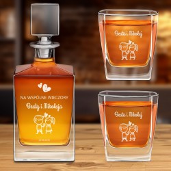 Karafka do whisky cube z 2 szklankami i grawerem dla pary na ślub rocznicę parapetówkę