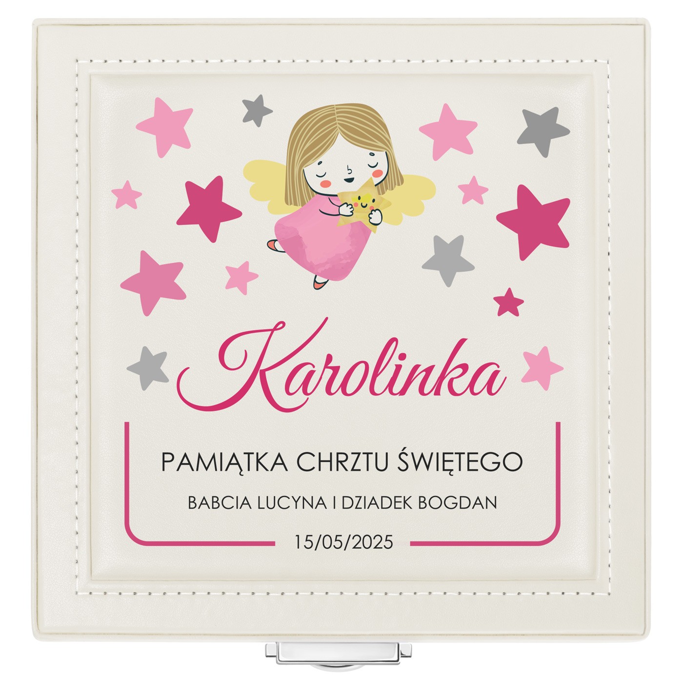 Szkatułka na biżuterię beżowa z nadrukiem na pamiątkę chrztu świętego