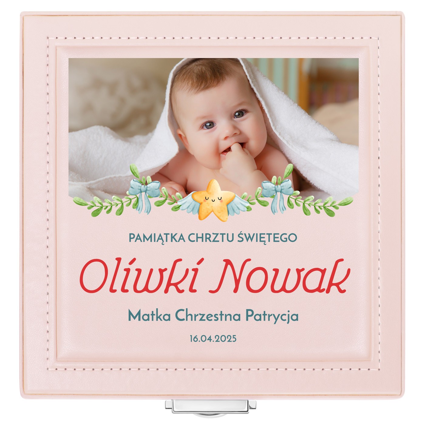 Szkatułka na biżuterię różowa z nadrukiem dla dziewczynki na chrzciny