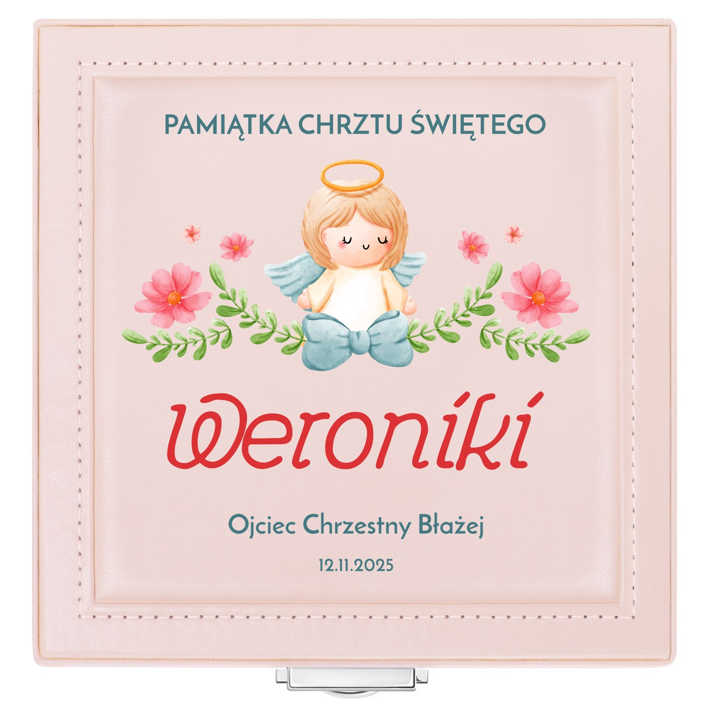 Szkatułka na biżuterię różowa z nadrukiem na chrzest święty