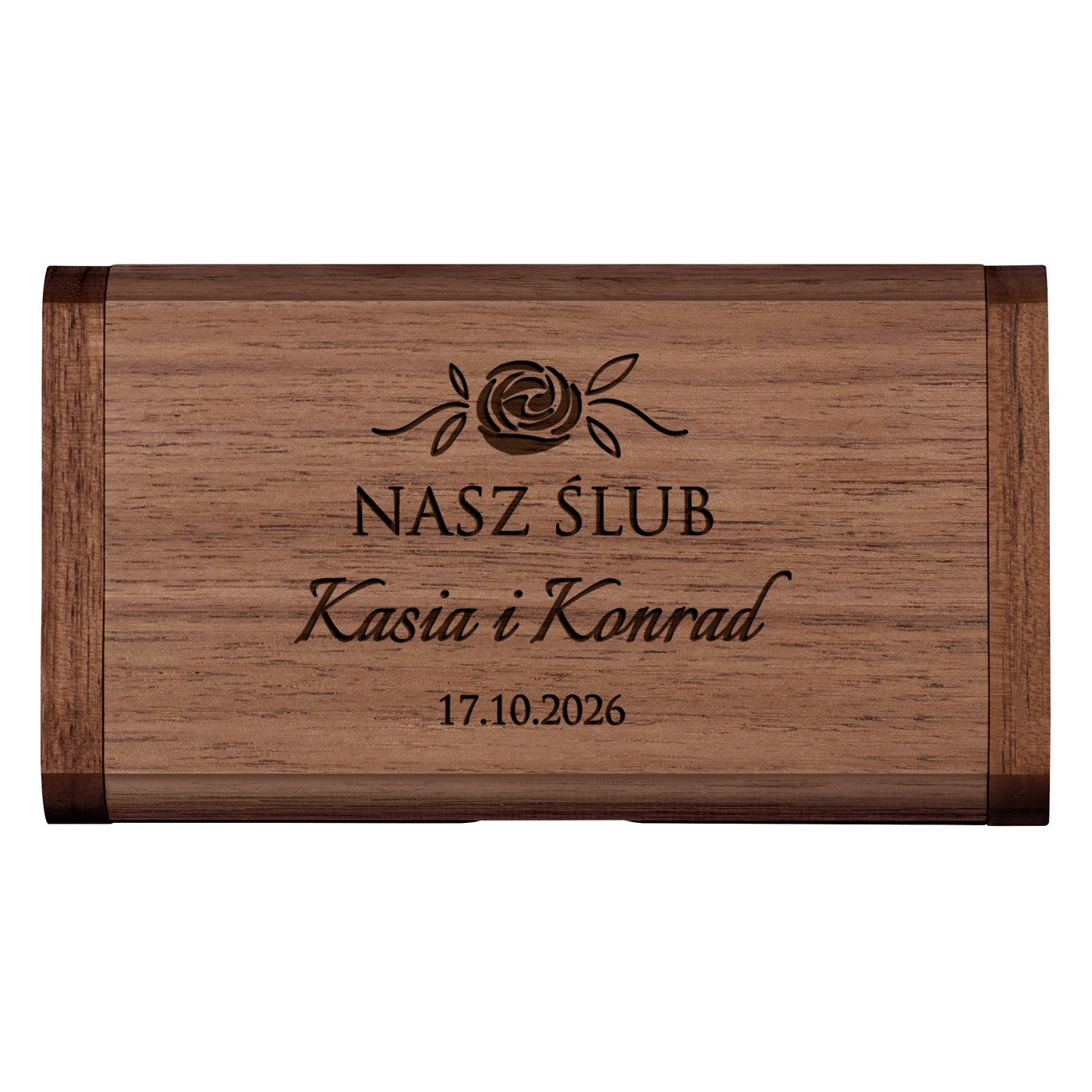Pendrive drewniany z grawerem 64 GB w magnetycznym pudełku dla pary na ślub