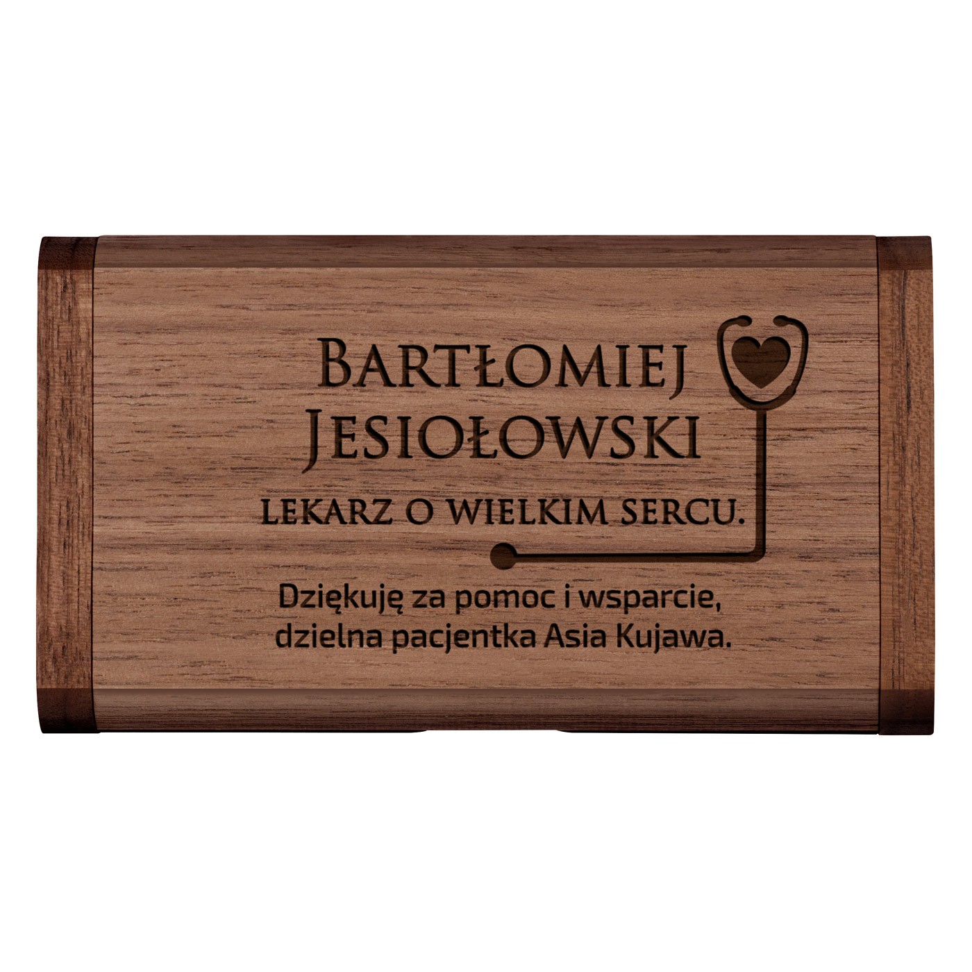 Pendrive drewniany z grawerem 64 GB w magnetycznym pudełku dla lekarza