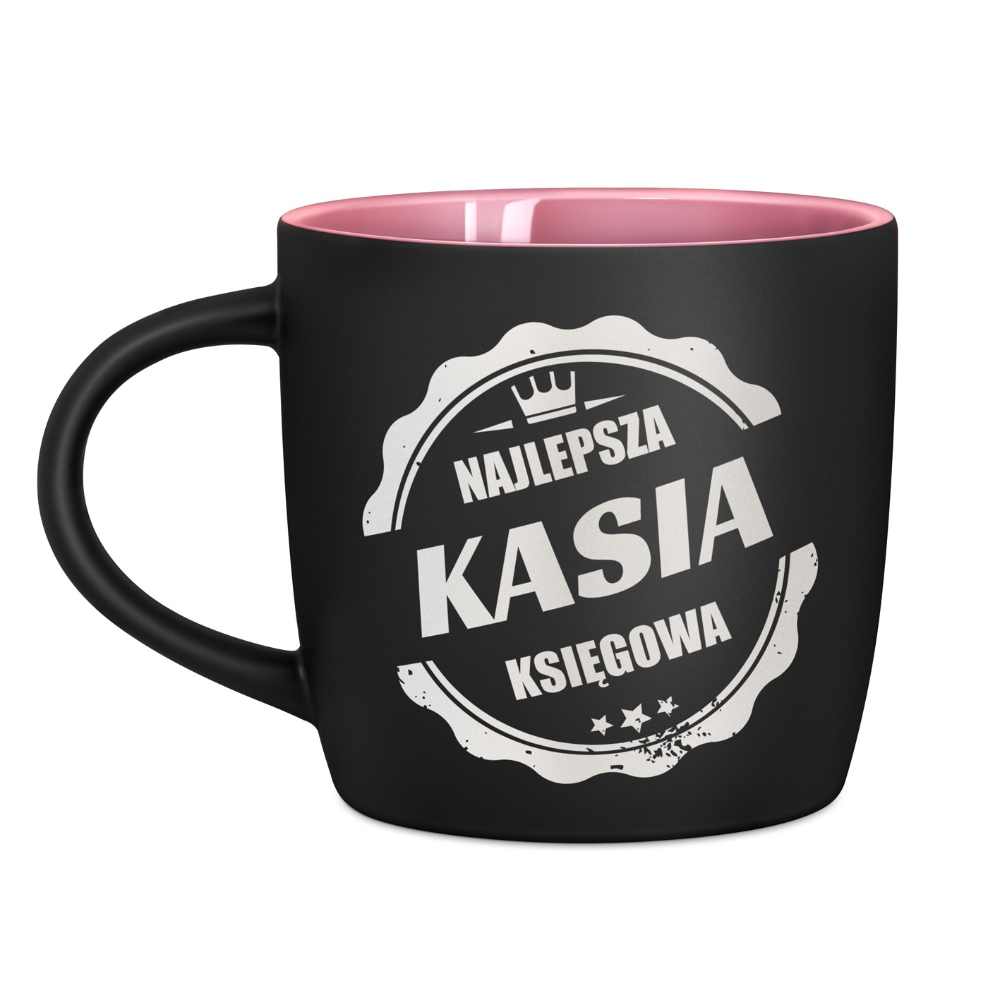 Kubek ceramiczny czarny środek różowy z grawerem dla ksiegowej koleżanki