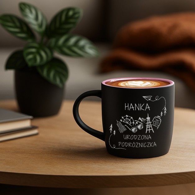 Kubek ceramiczny czarny środek różowy z grawerem dla podróżniczki