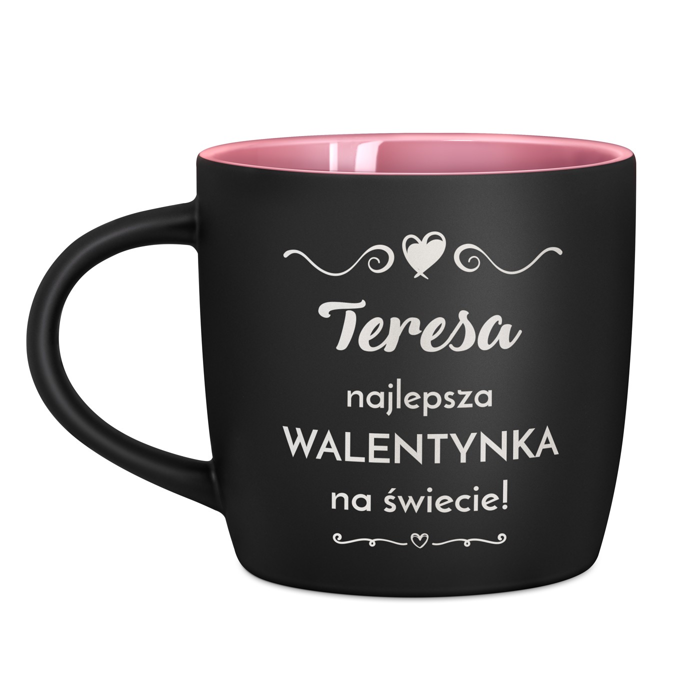 Kubek ceramiczny czarny środek różowy z grawerem na walentynki dla niej