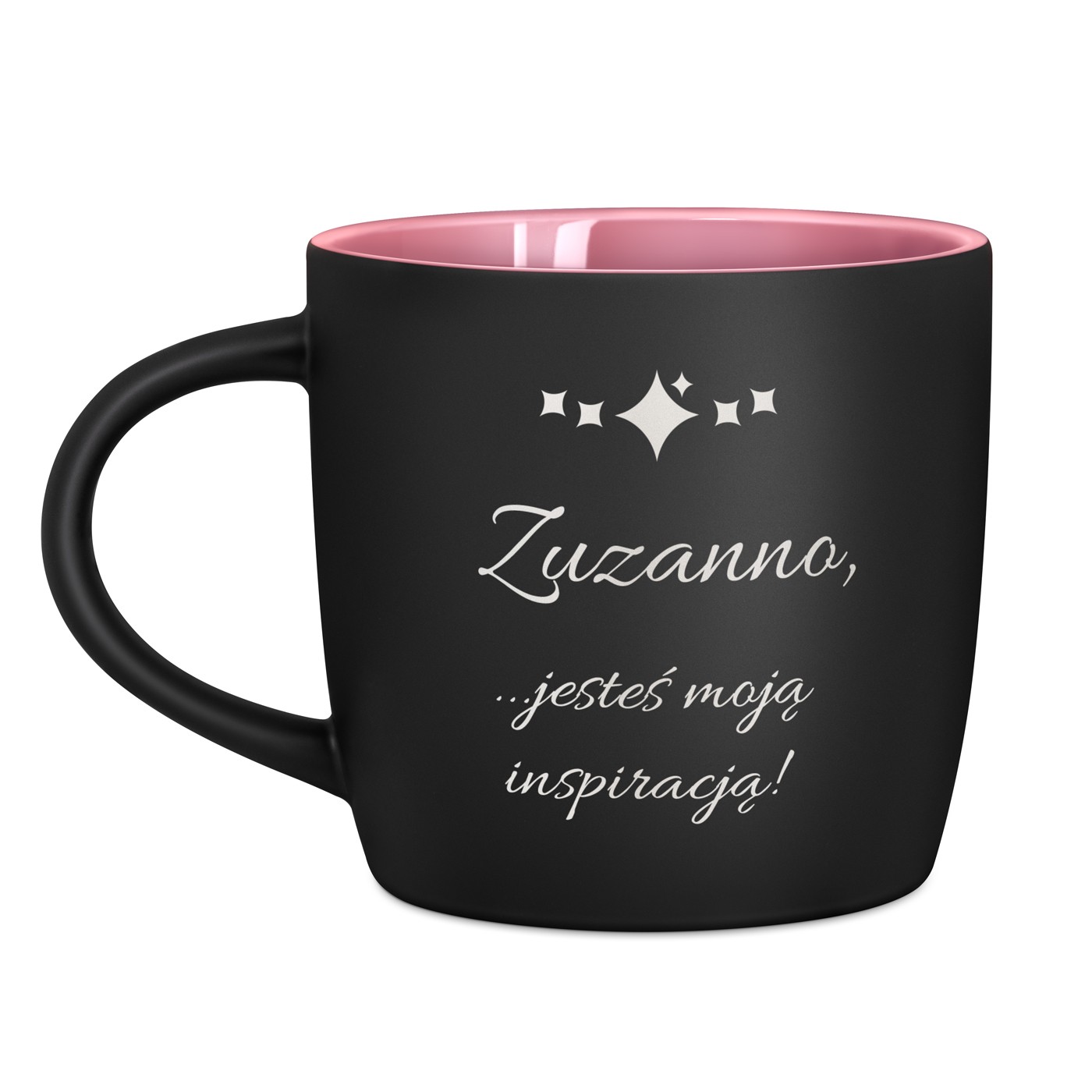 Kubek ceramiczny czarny środek różowy z grawerem na imieniny