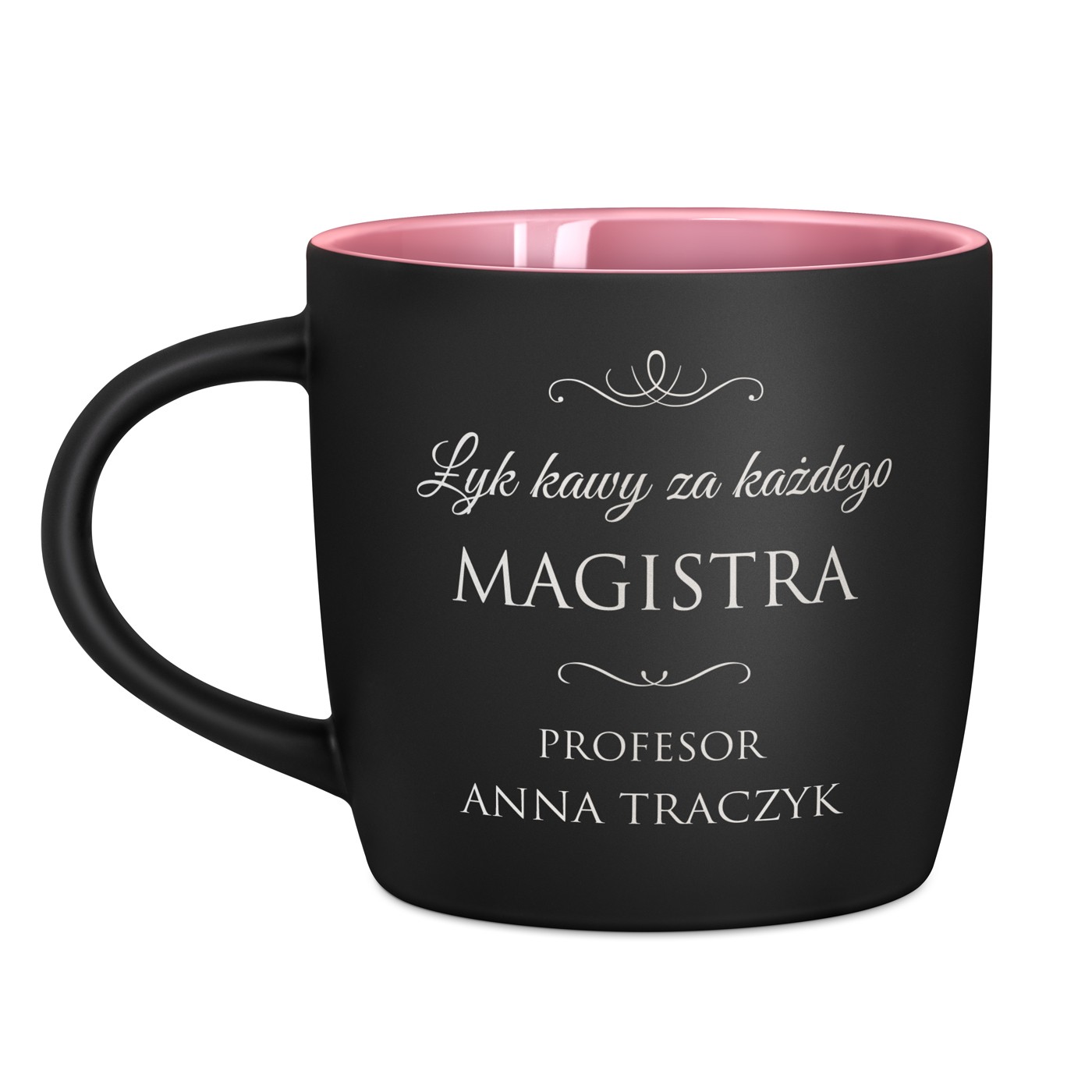 Kubek ceramiczny czarny środek różowy z grawerem dla profesora promotora