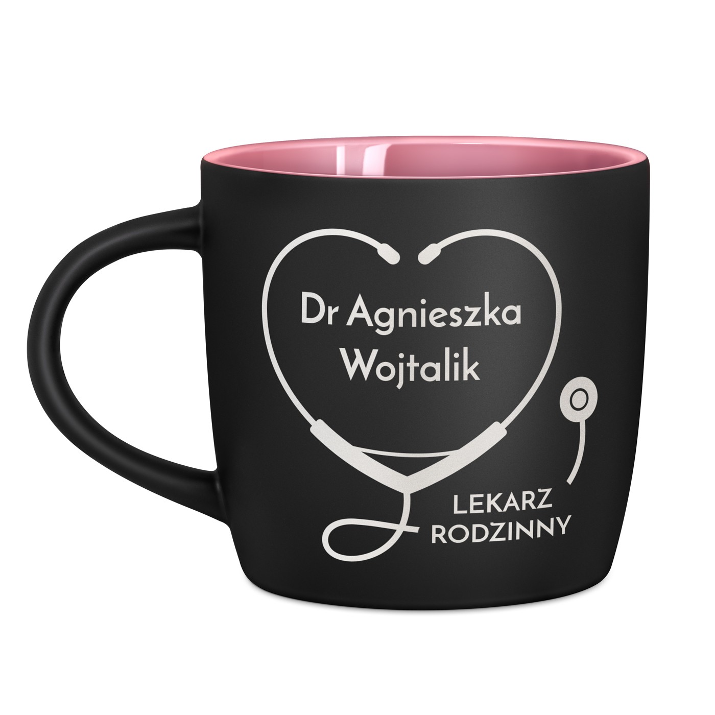 Kubek ceramiczny czarny środek różowy z grawerem dla lekarki podziękowanie