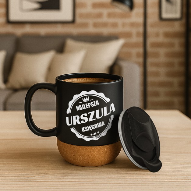 Kubek ceramiczny czarny z przykrywką dla niej księgowej