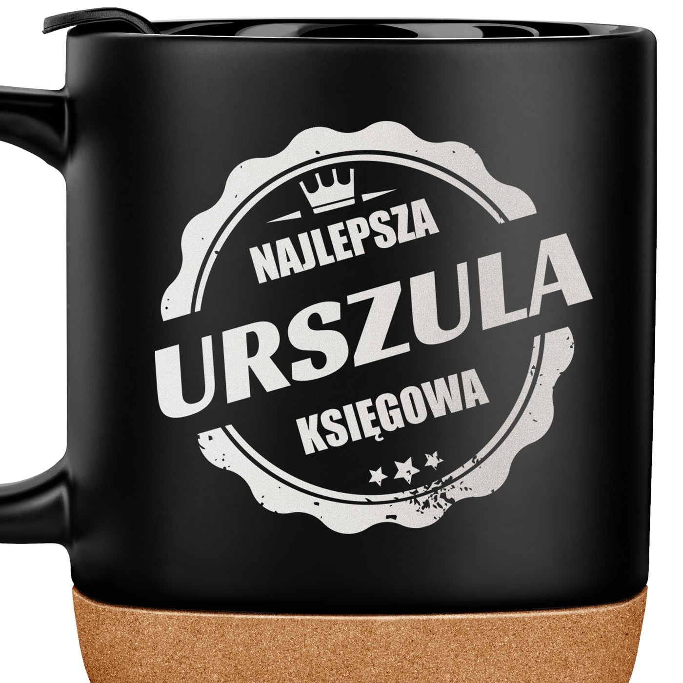 Kubek ceramiczny czarny z przykrywką dla niej księgowej
