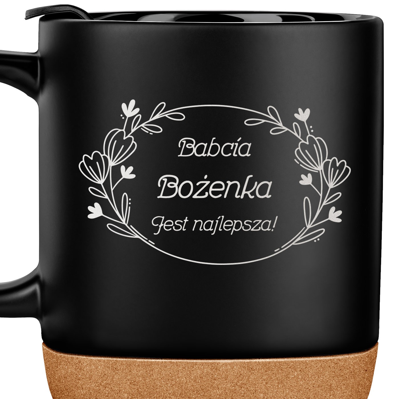 Kubek ceramiczny czarny z przykrywką dla babci