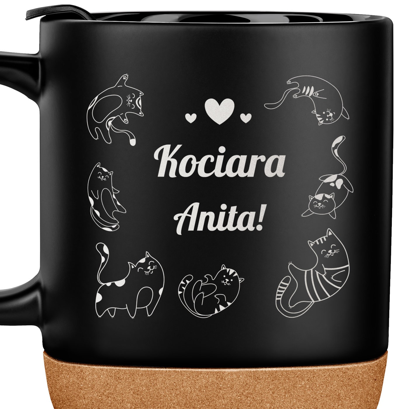 Kubek ceramiczny czarny z przykrywką dla niej kociary
