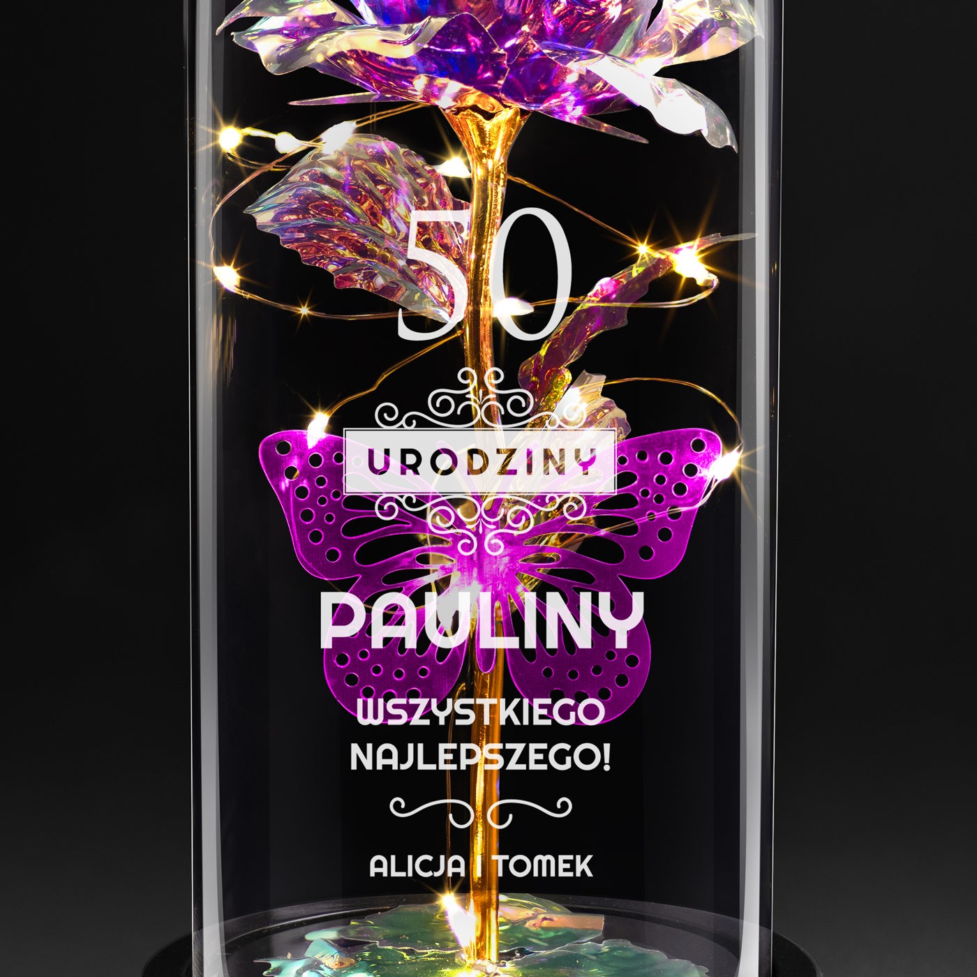 Wieczna róża w szkle Lampka LED fioletowa dla niej na 50 urodziny