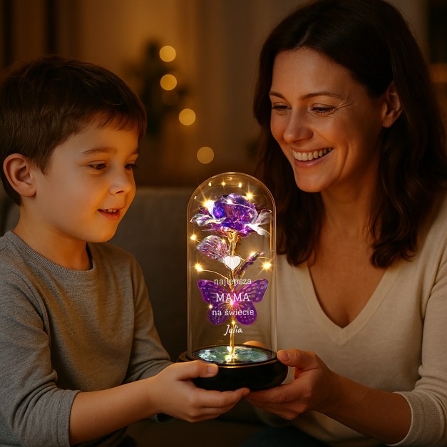 Wieczna róża w szkle Lampka LED fioletowa dla mamy na Dzień Matki