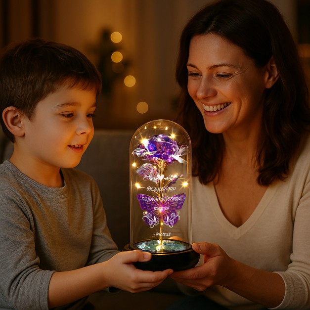 Wieczna róża w szkle Lampka LED fioletowa dla mamy