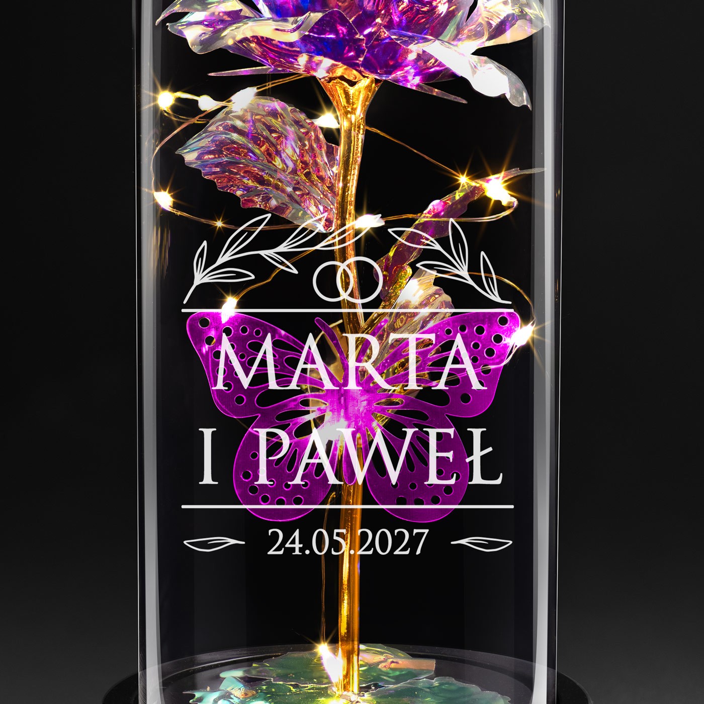 Wieczna róża w szkle Lampka LED fioletowa dla pary na rocznicę ślubu