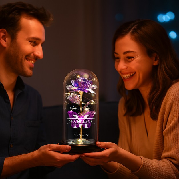 Wieczna róża w szkle Lampka LED fioletowa dla rodziców podziękowanie ślubne