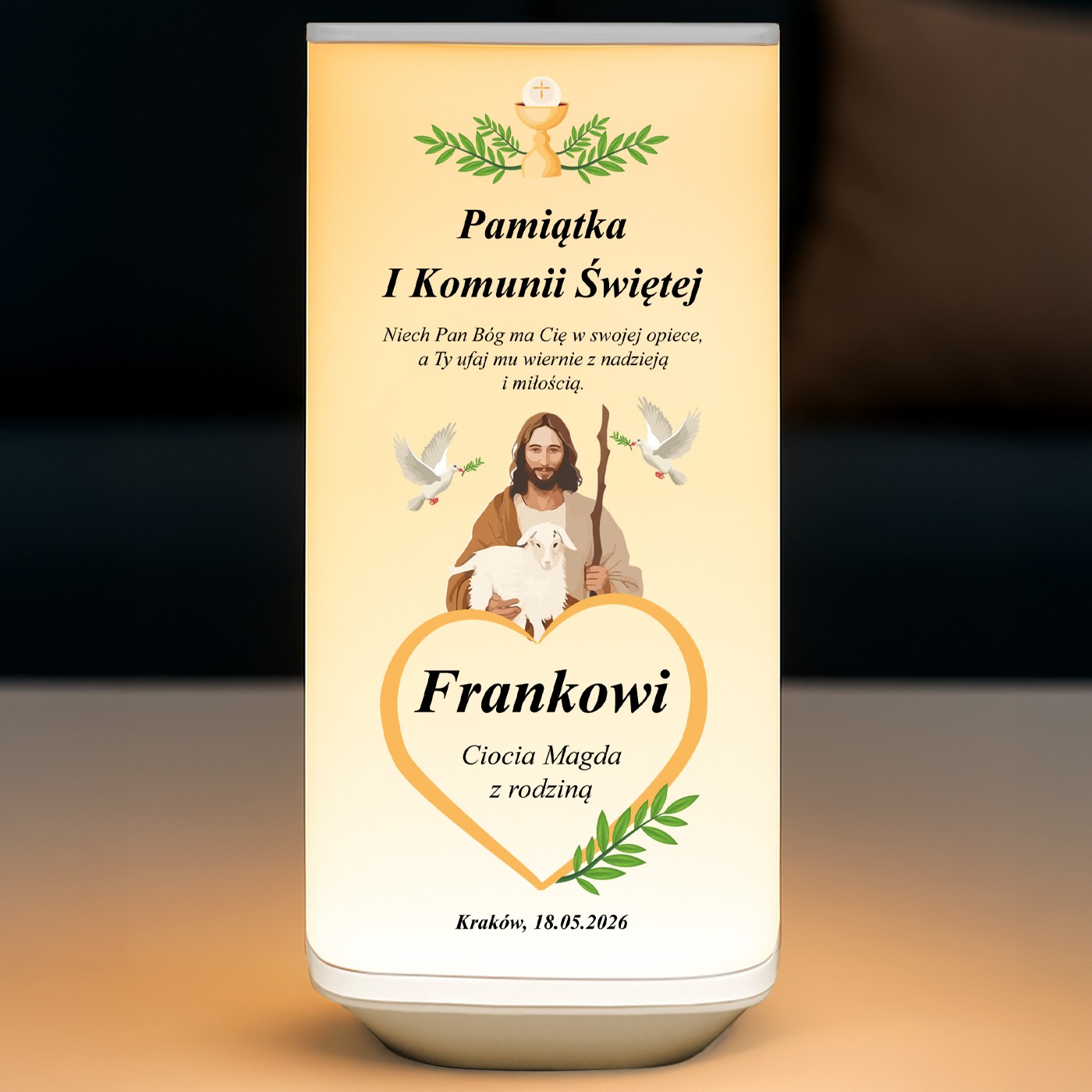 Lampka nocna LED z nadrukiem dla chrześniaka na I Komunię Świętą