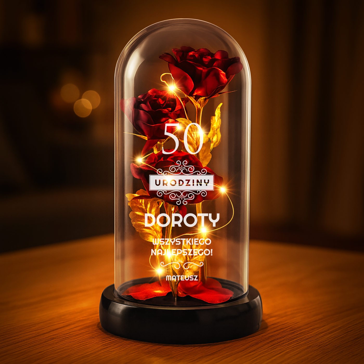 Wieczna róża w szkle Lampka LED czerwona dla niej na 50 urodziny