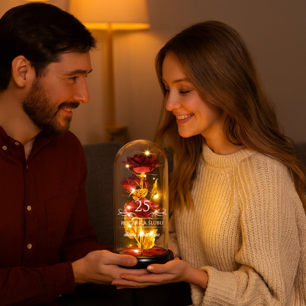 Wieczna róża w szkle Lampka LED czerwona na 25 rocznicę ślubu