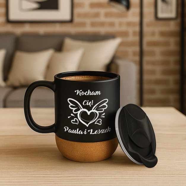 Kubek ceramiczny czarny z przykrywką dla chłopaka dziewczyny żony na walentynki