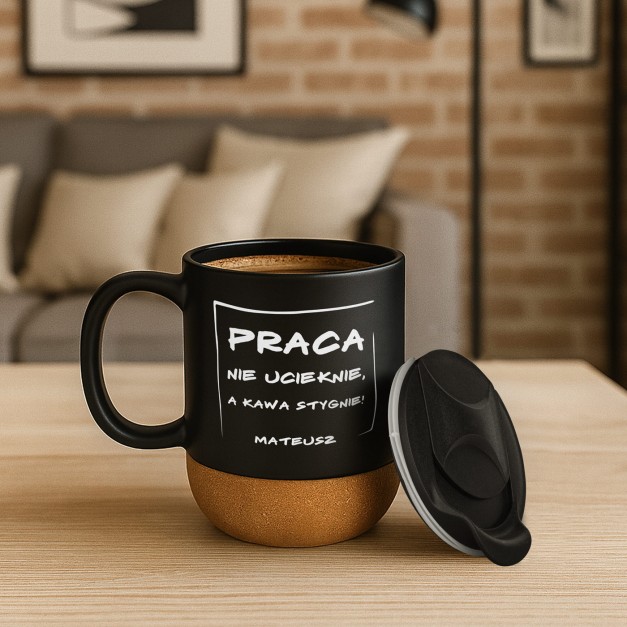 Kubek ceramiczny czarny z przykrywką dla pracownika kawosza z okazji awansu w pracy