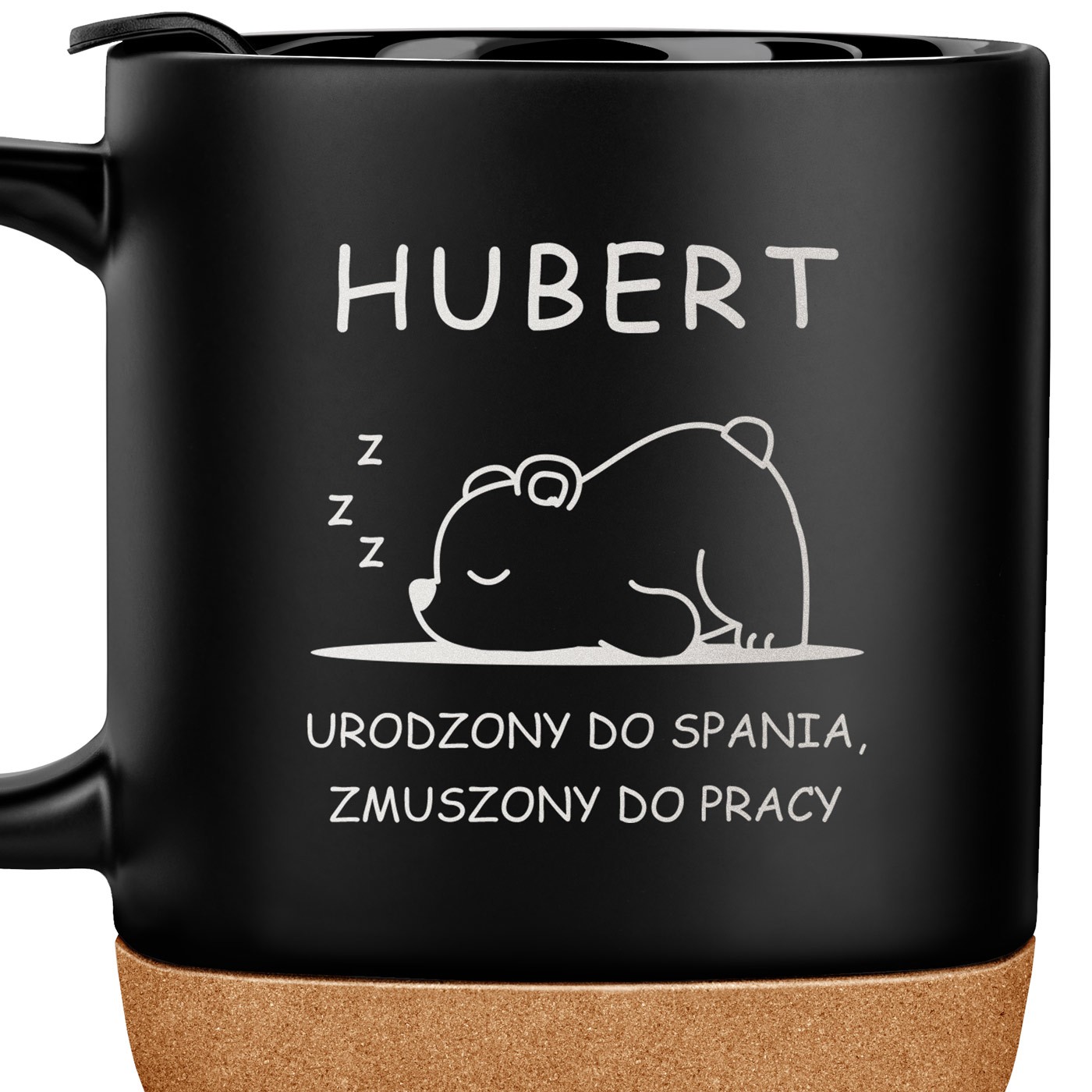 Kubek ceramiczny czarny z przykrywką dla śpiocha pracownika