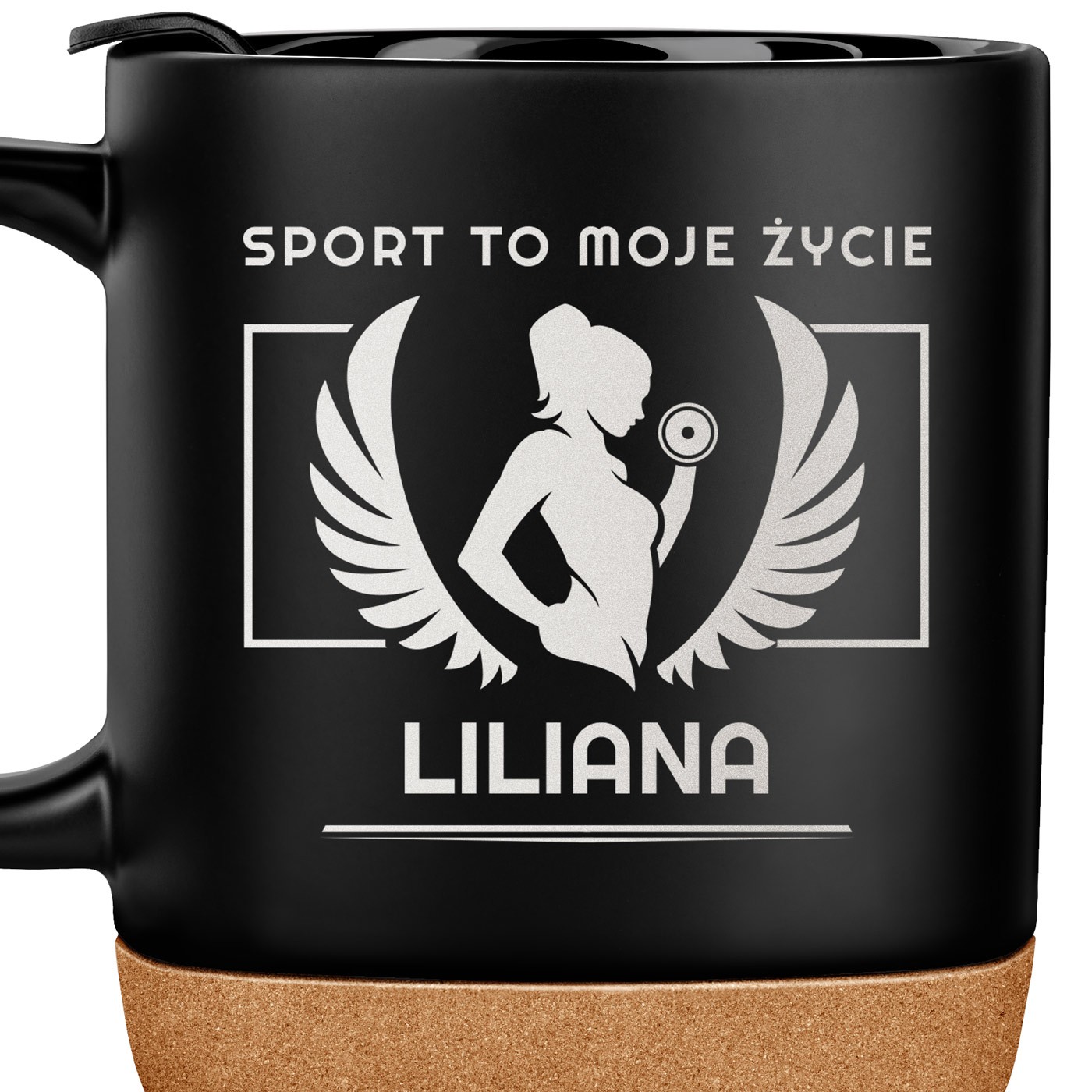 Kubek ceramiczny czarny z przykrywką dla niej fitnesski sportowca