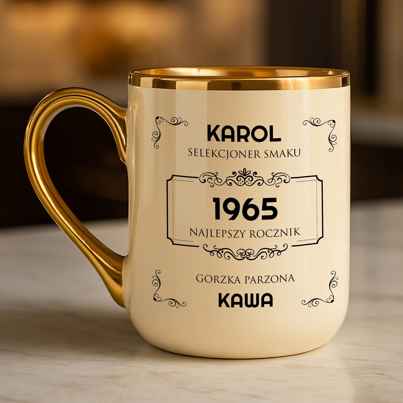 Kubek ceramiczny ze złotym rantem i uchem dla męża chłopaka taty na urodzinu